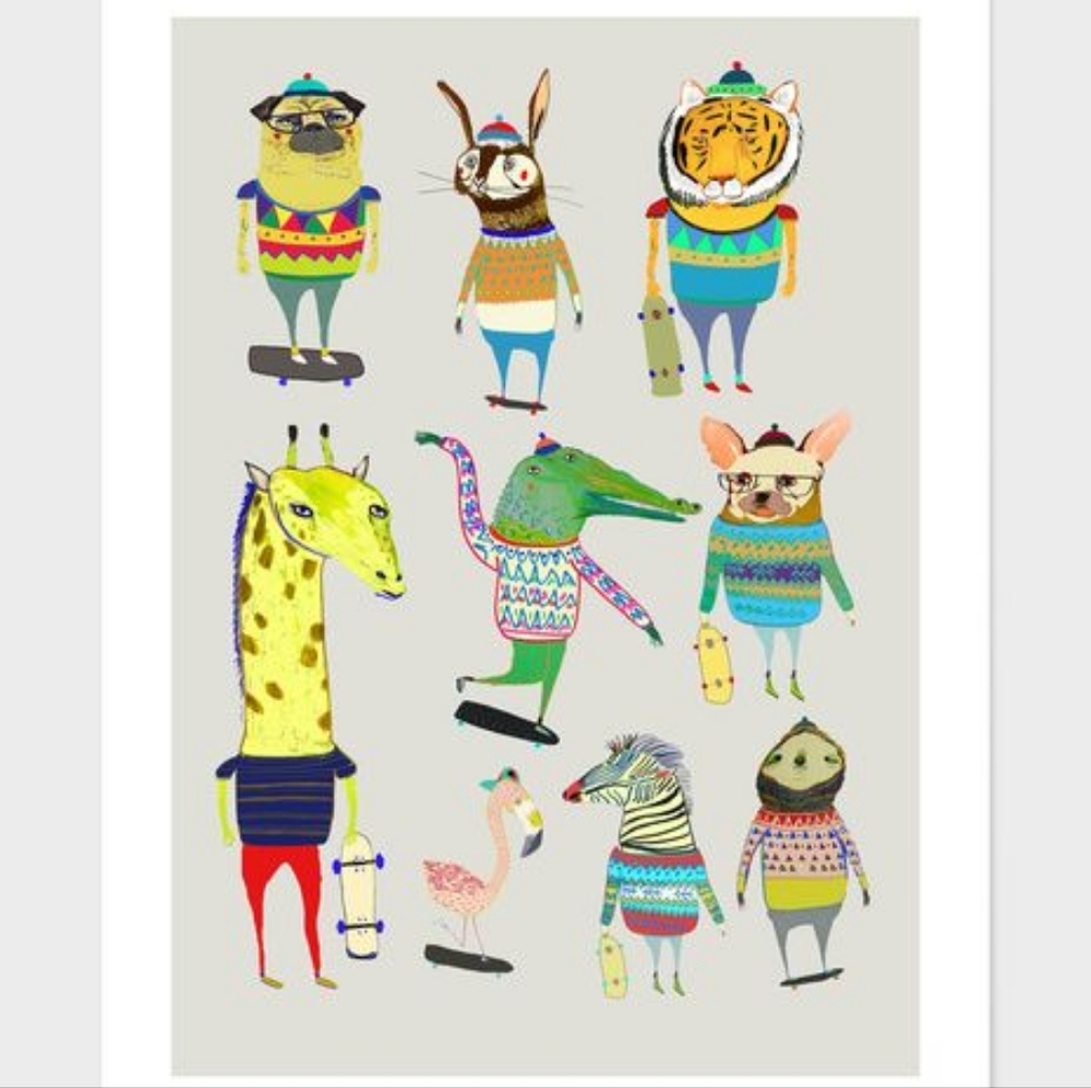 Large Tapestry Nursery Kids Decor Skateboard Animals Ashley Percival